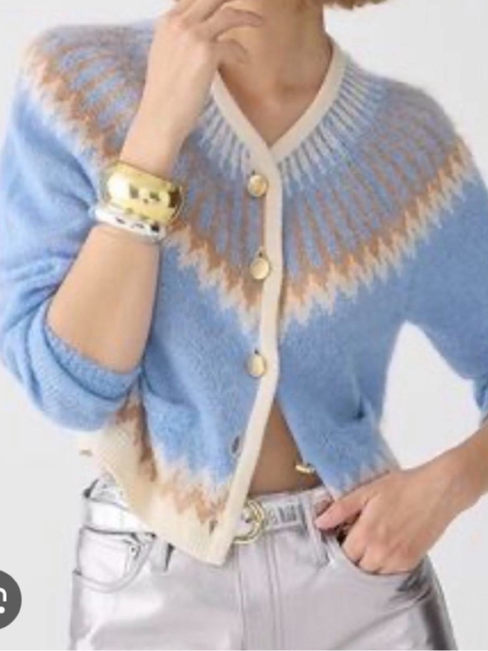 J. Crew Blue & Cream Wool Alpaca Blend Faire Isle Cropped Cardigan Size Small